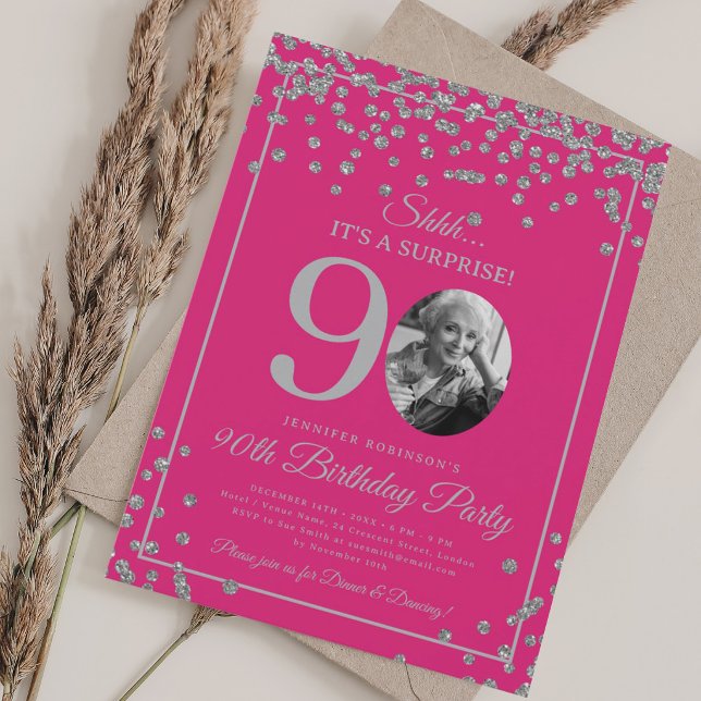 SURPRISE 90th Birthday Silver Confetti Hot Pink  Inbjudningar (SURPRISE 90th Birthday Silver Confetti Hot Pink Invitation)