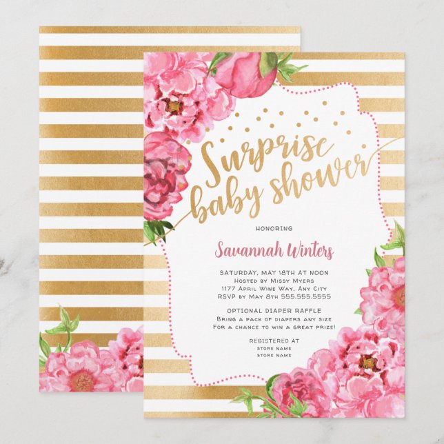 Surprise Baby Shower | rosa guld peonies Inbjudningar (Fram/baksida)