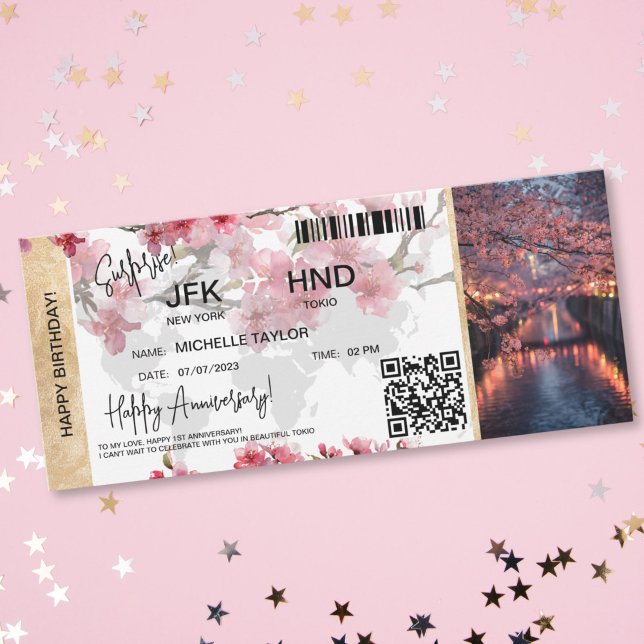 Surprise Birthday Boarding Pass Tokio Sakura  Inbjudningar (surprise ticket card for sakura tokio )