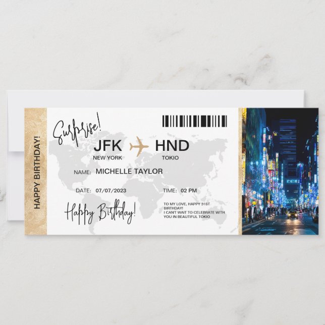 Surprise Birthday Boarding Pass Tokio Trip Ticket Inbjudningar (Framsida)