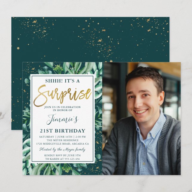 Surprise Birthday Chic Greenery Guld Glitter Photo Inbjudningar (Fram/baksida)