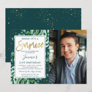 Surprise Birthday Chic Greenery Guld Glitter Photo Inbjudningar