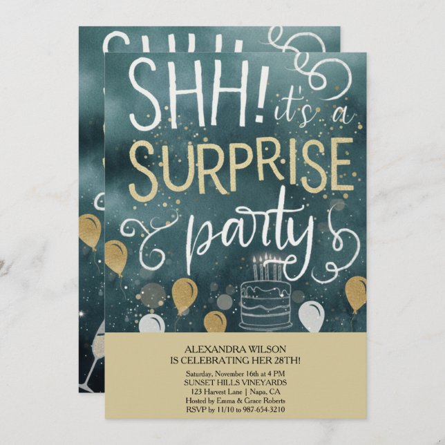 Surprise Birthday Party Invitation Inbjudningar (Fram/baksida)