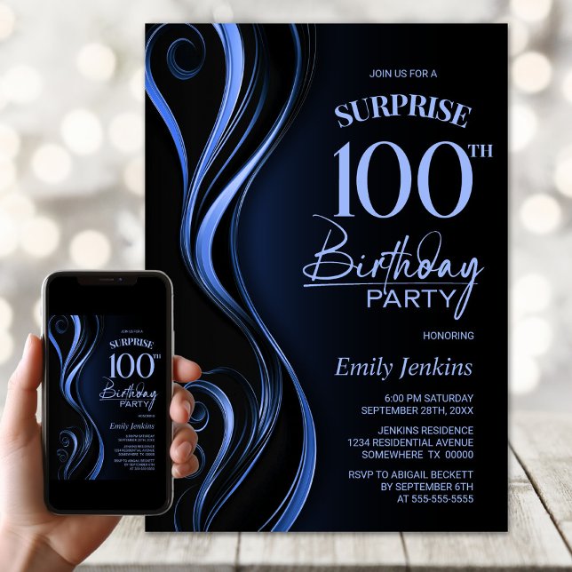 Surprise Black Blue 100:e Födelsedagsfesten Inbjudningar (Skapare uppladdad)