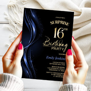 Surprise Black Blue 16:e Födelsedagsfesten Inbjudningar