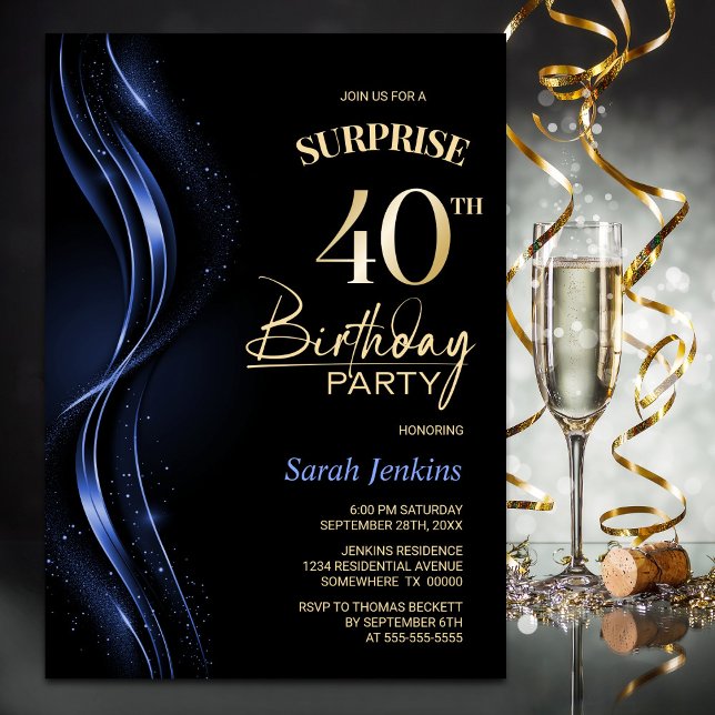 Surprise Black Blue 40 Birthday Party Inbjudningar (Skapare uppladdad)