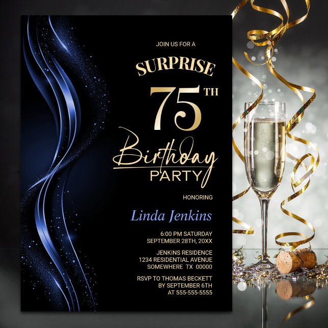 Surprise Black Blue 75:e Födelsedagsfest Inbjudningar (Skapare uppladdad)