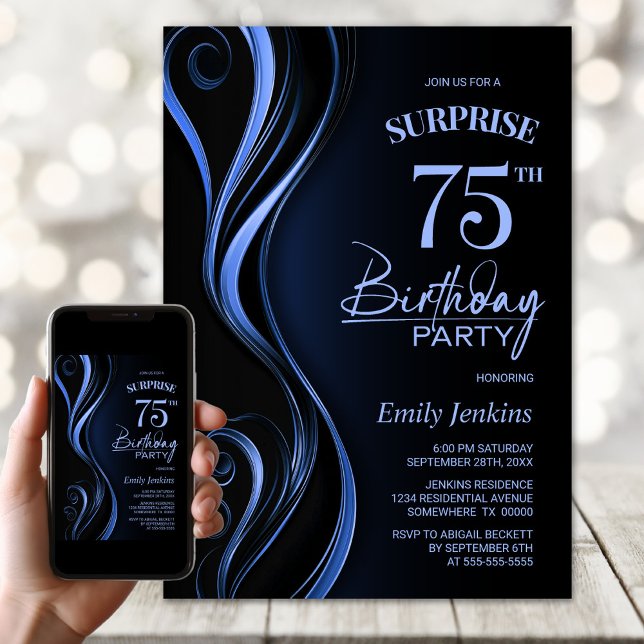 Surprise Black Blue 75:e Födelsedagsfest Inbjudningar (Skapare uppladdad)