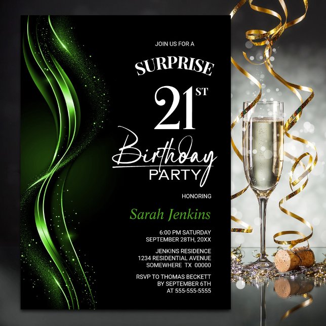 Surprise Black Grönt 21:a födelsedag Party Inbjudningar (Skapare uppladdad)