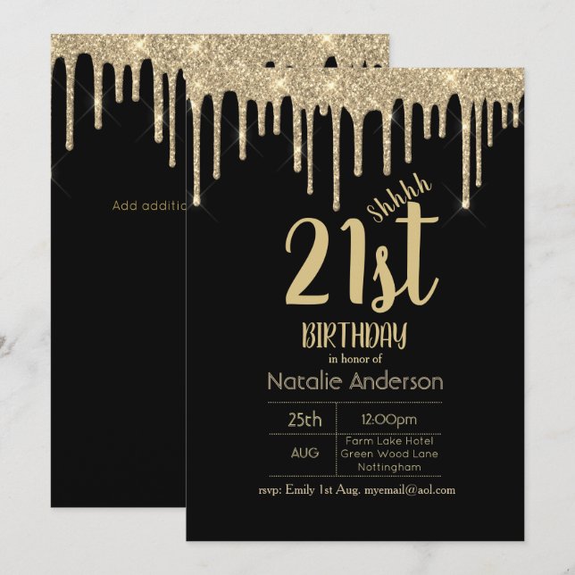 SURPRISE Black Guld, 21:a Glitter Inbjudningar (Fram/baksida)