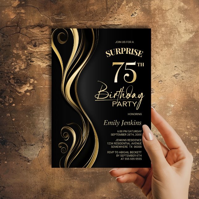 Surprise Black Guld 75:e Födelsedagsfest Inbjudningar (Skapare uppladdad)