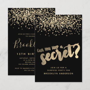 Surprise Black Guld Glitter Birthday Inbjudningar