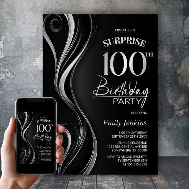 Surprise Black Silver 100:e Födelsedagsfesten Inbjudningar (Skapare uppladdad)