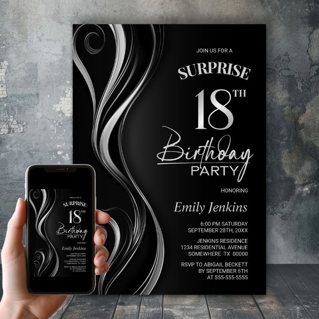 Surprise Black Silver 18:e Födelsedagsfesten Inbjudningar (Skapare uppladdad)