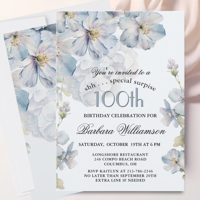 SURPRISE Elegant Blue Floral 100th Birthday  Inbjudningar (Skapare uppladdad)