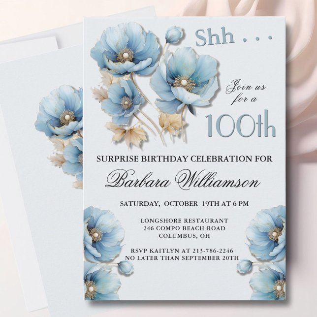 SURPRISE Elegant Blue Floral 100th Birthday Inbjudningar (Skapare uppladdad)