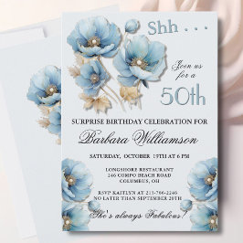 SURPRISE Elegant Blue Floral 50th Birthday Inbjudningar