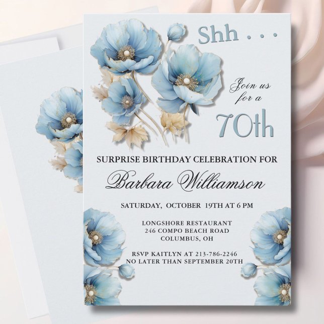SURPRISE Elegant Blue Floral 70th Birthday Inbjudningar (Skapare uppladdad)