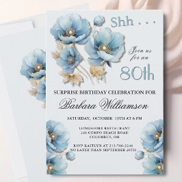 SURPRISE Elegant Blue Floral 80th Birthday Inbjudningar