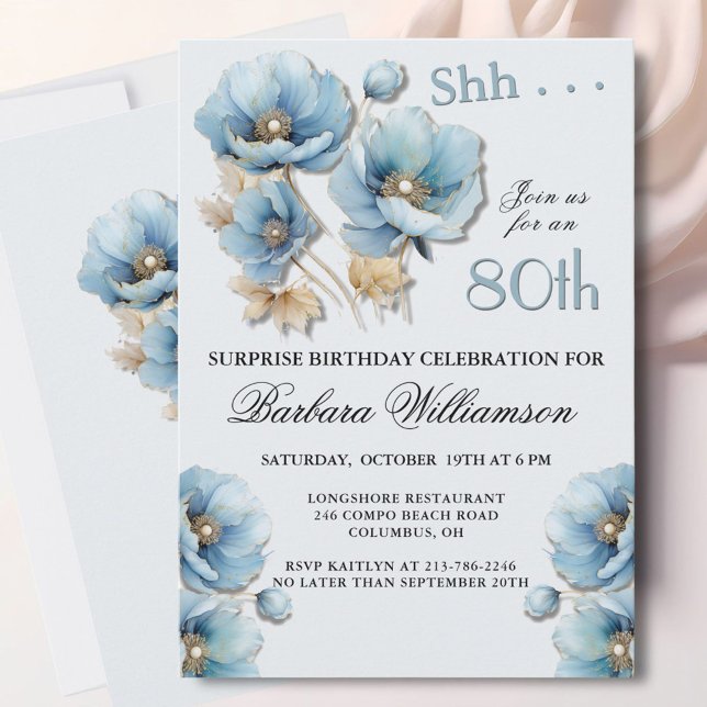 SURPRISE Elegant Blue Floral 80th Birthday Inbjudningar (Skapare uppladdad)