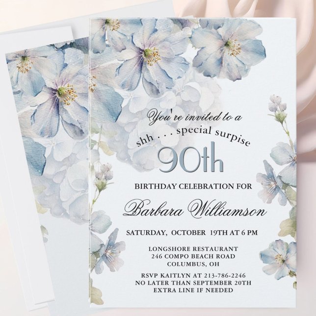 SURPRISE Elegant Blue Floral 90th Birthday  Inbjudningar (Skapare uppladdad)