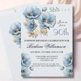 SURPRISE Elegant Blue Floral 90th Birthday Inbjudningar