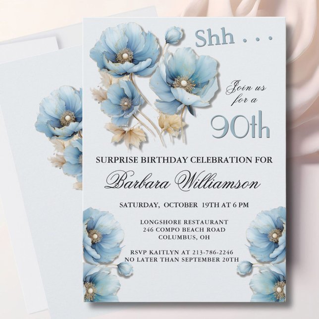 SURPRISE Elegant Blue Floral 90th Birthday Inbjudningar (Skapare uppladdad)
