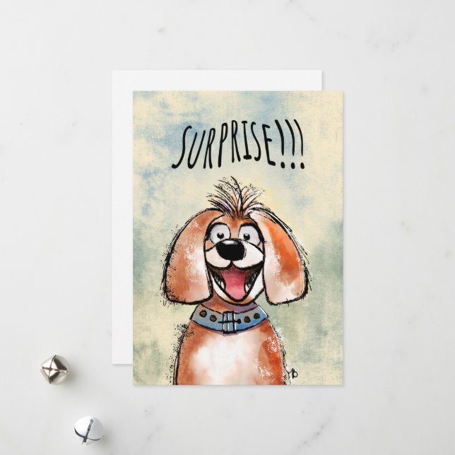 Surprise. Happy Dog! Funny card. Julkort (Fram/Back In Situ)