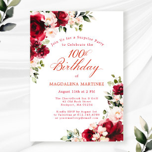SURPRISE PARTY 100:e födelsedag Röd Rosa Blommigt Inbjudningar