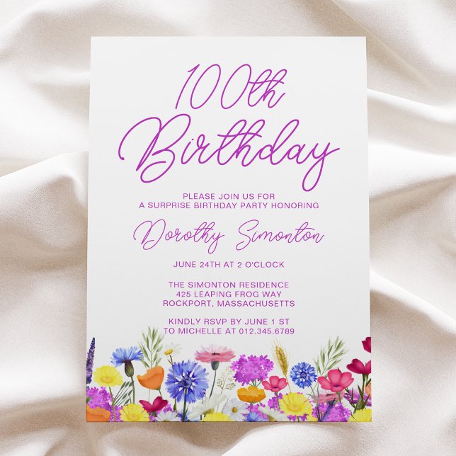 SURPRISE PARTY 100:E födelsedagsdagen Lila Wildblo Inbjudningar (Skapare uppladdad)