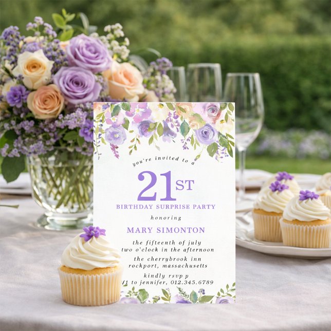 SURPRISE PARTY 21st Birthday Pretty Purple Floral Inbjudningar (Skapare uppladdad)