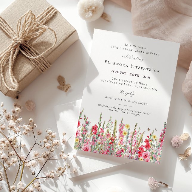 SURPRISE PARTY 60:e födelsedag augusti Flower Inbjudningar (Skapare uppladdad)