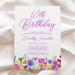 SURPRISE PARTY 60:E födelsedag Lila Wildblomma Inbjudningar<br><div class="desc">En söt vildblomma gräns dekorerar grund i vuxens 60-årsinbjudan till överraskningsfest. Blå-, gult- och orange blommor skapar en färgstark design och lycklig för att fira denna milstolpe-födelsedag. Modern och enkel kalligrafi i lila gör att trendiget får en ny beröring till behållan. Det öppna och omsorgsfria bokstavsflödet koordinerar perfekt med daisy...</div>