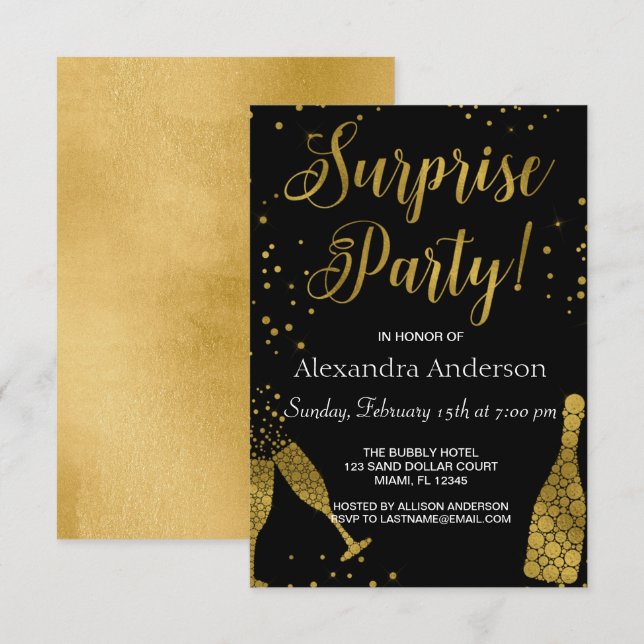 Surprise Party Gold Foil Birthday-inbjudan Inbjudningar (Fram/baksida)