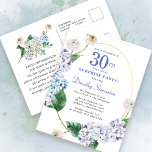 Surprise Party Hydrangea Ro 30års födelsedag Vykort<br><div class="desc">Blå vattenblommor och  ro-blommigtar dekorerar en guld oval ram. En öppen och vettig modern botanik.</div>