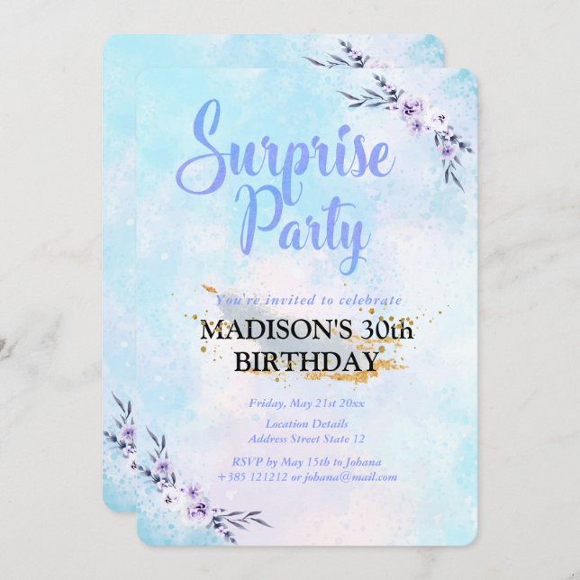 Surprise Party Watercolor Pastel Inbjudningar (Fram/baksida)