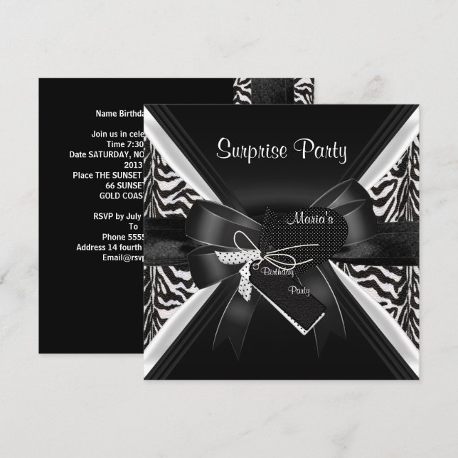 Surprise Party Zebra Black White Bow-bild Inbjudningar (Fram/baksida)