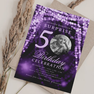 SURPRISE Photo 50 Birthday Lila Glam Ljus Inbjudningar
