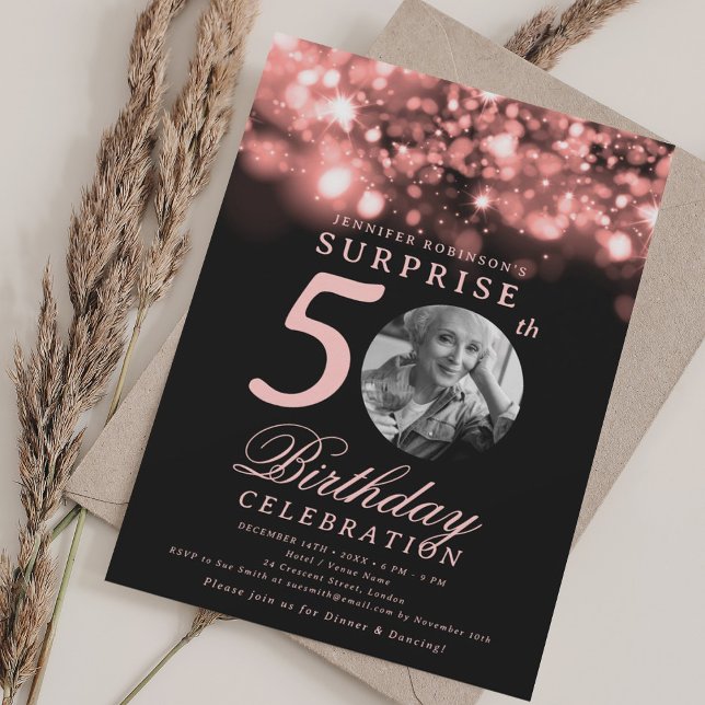 SURPRISE Photo 50 Birthday Ro Guld Midnight Inbjudningar (SURPRISE Photo 50th Birthday Rose Gold Midnight Invitation)