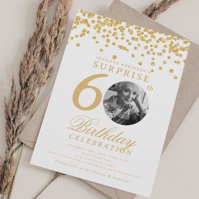 SURPRISE Photo 60 Birthday Guld Confetti Inbjudningar (SURPRISE Photo 60th Birthday Gold Confetti Invitation)
