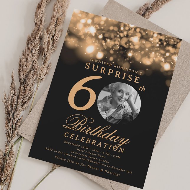SURPRISE Photo 60 Birthday Guld Midnight Glam Inbjudningar (SURPRISE Photo 60th Birthday Gold Midnight Glam Invitation)
