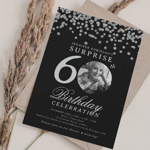 SURPRISE Photo 60 Birthday Silver Confetti Black Inbjudningar