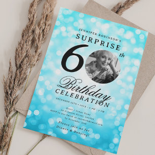 SURPRISE Photo 60 Birthday Turquise Bokeh Inbjudningar