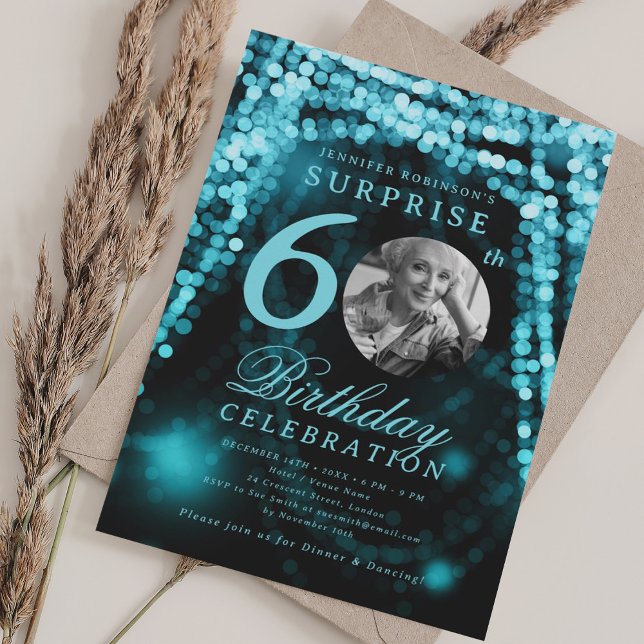 SURPRISE Photo 60: e födelsedagen Turquise Glam Lj Inbjudningar (SURPRISE Photo 60th Birthday Turquoise Glam Lights Invitation)