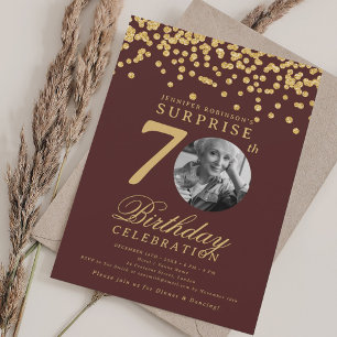 SURPRISE Photo 70 Birthday Guld Confetti Burgundy Inbjudningar