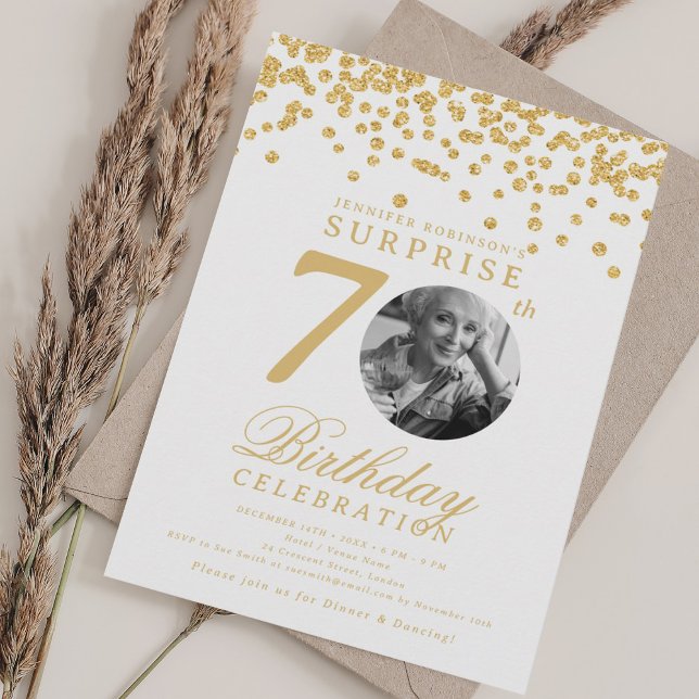 SURPRISE Photo 70 Birthday Guld Confetti Inbjudningar (SURPRISE Photo 70th Birthday Gold Confetti Invitation)