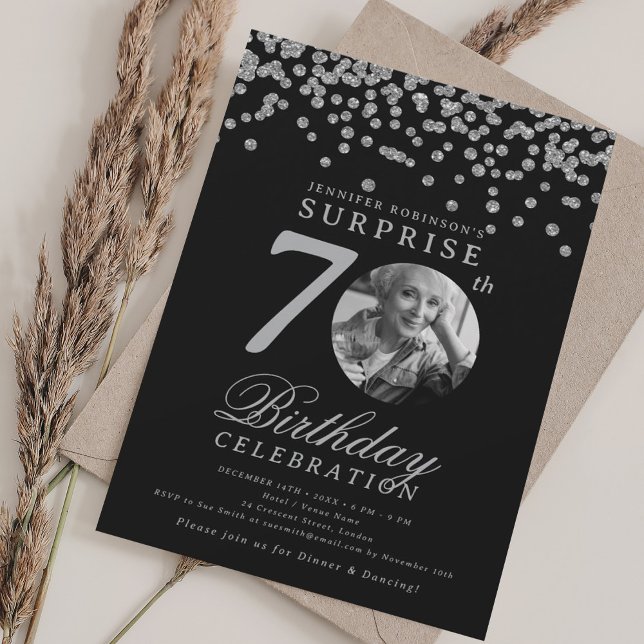 SURPRISE Photo 70 Birthday Silver Black Inbjudningar (SURPRISE Photo 70th Birthday Silver Black Invitation)