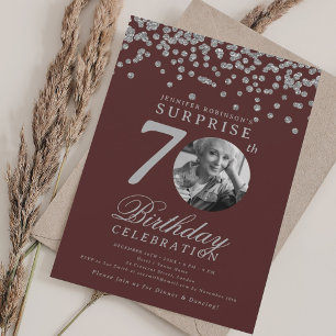SURPRISE Photo 70 Birthday Silver Burgundy Inbjudningar