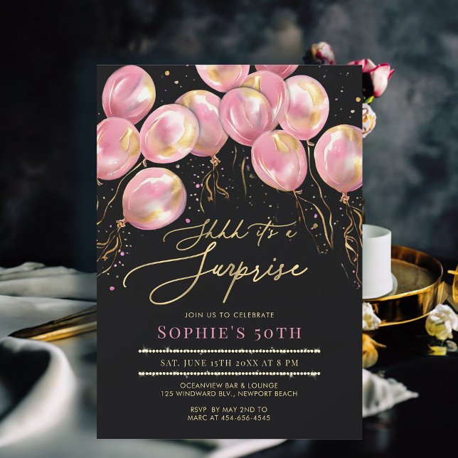 Surprise Rosa Balloons Guld Black 50:e födelsedage Inbjudningar (50th birthday invitations for women surprise party balloons arch pink gold black calligraphy modern )