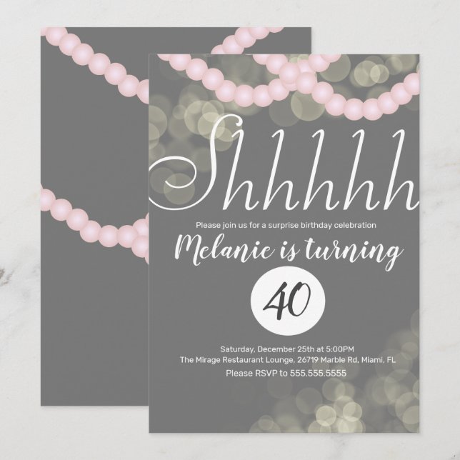 Surprise Shhhhh Rosa Pearl Bokeh Födelsedagsfest Inbjudningar (Fram/baksida)